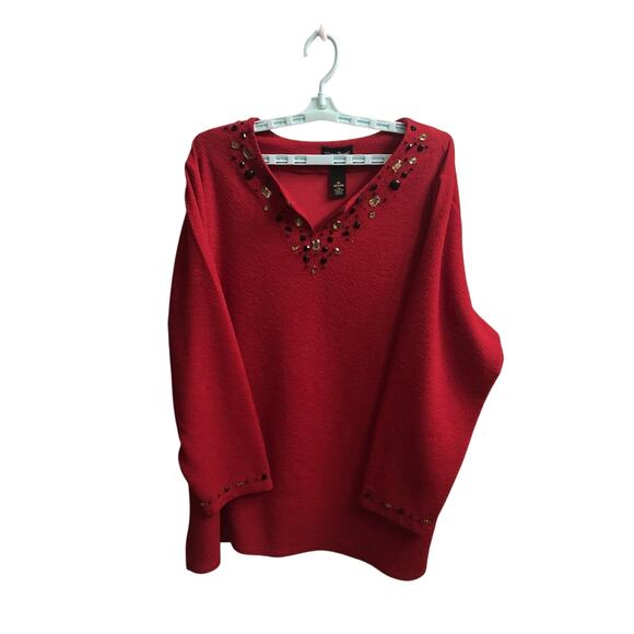 Maggie Barnes Tunic Womens 2X Plus Red Long Sleeve v neck Beaded Textured Bling - Picture 3 of 7